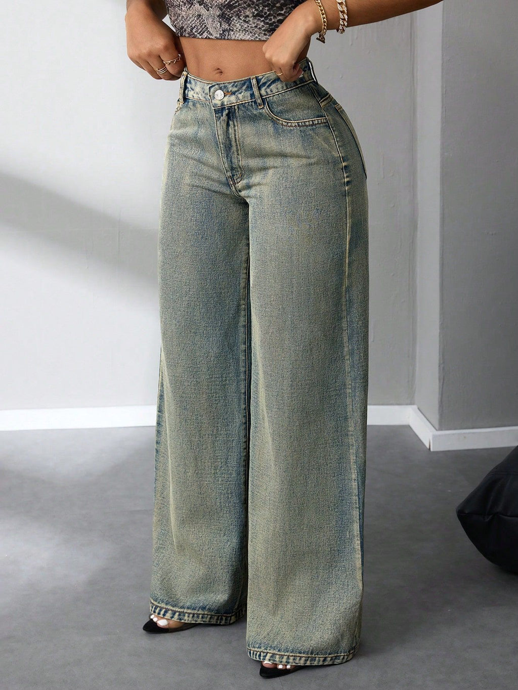Women Clothing Retro Loose Wide Leg Jeans - ALZO