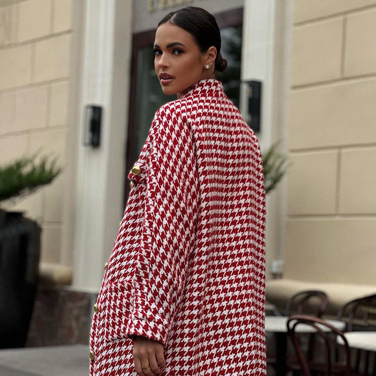 Women Clothing Autumn Winter Chanel Suit Women Houndstooth Tie Front Top Hip Skirt Two Piece Set - ALZO