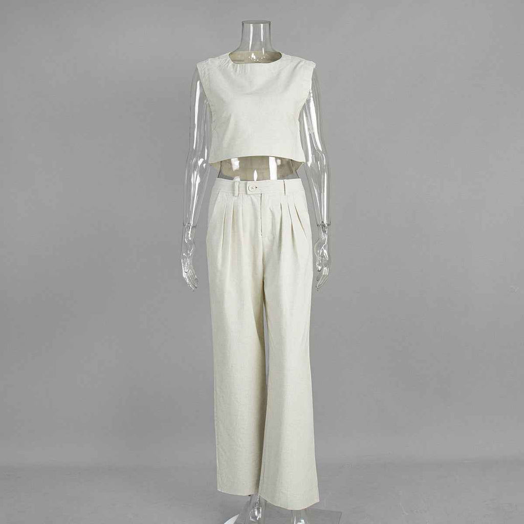 Linen Vest Pants Summer Sleeveless Vest Wide Leg Pants Casual Two Piece Sets