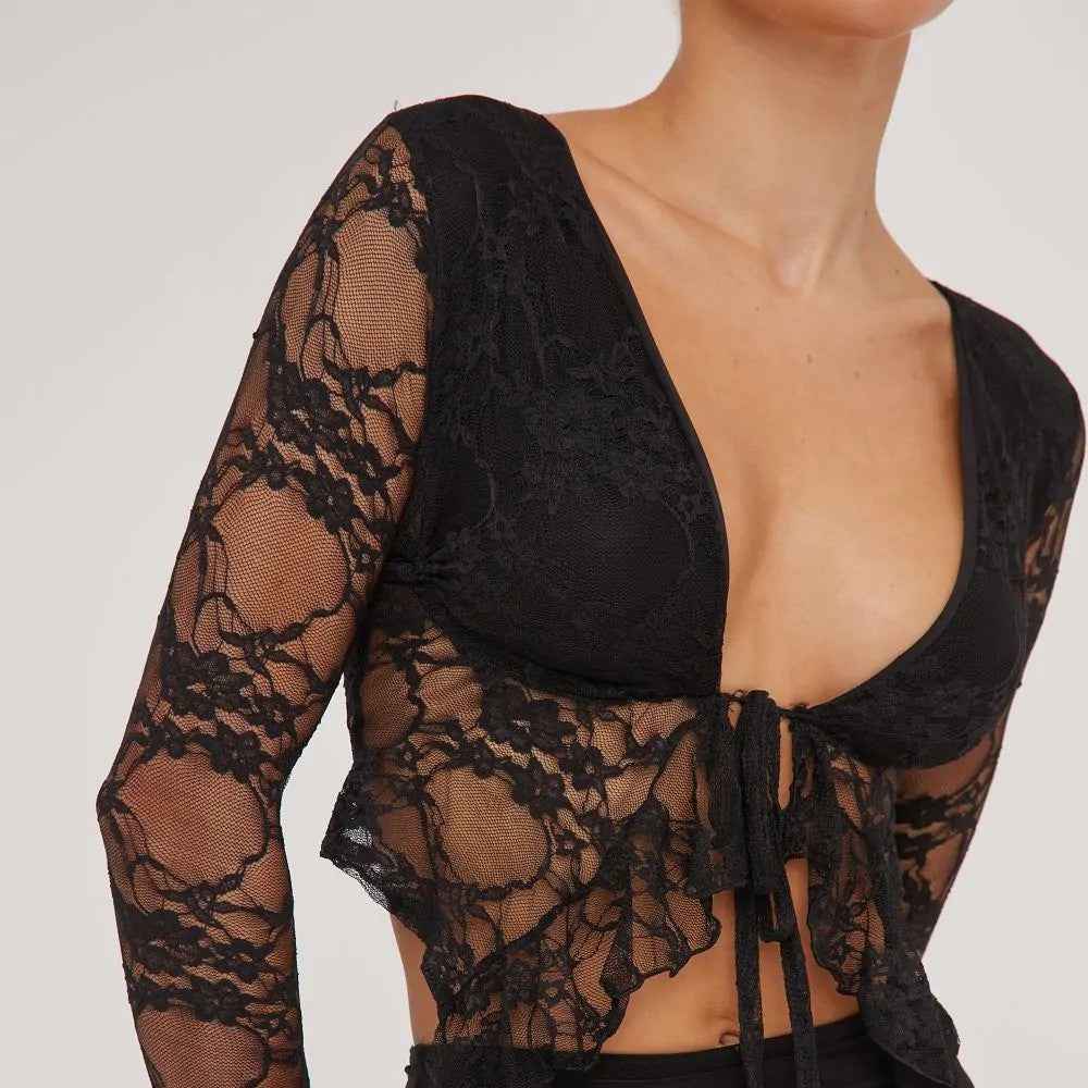 Spring Women Wear Top Lace V neck Tied Lotus Leaf Sexy Lace Shirt