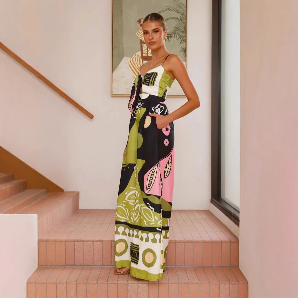 Spring Summer Jumpsuit Sexy Cropped Print Sling Wide Leg Jumpsuit Women - ALZO