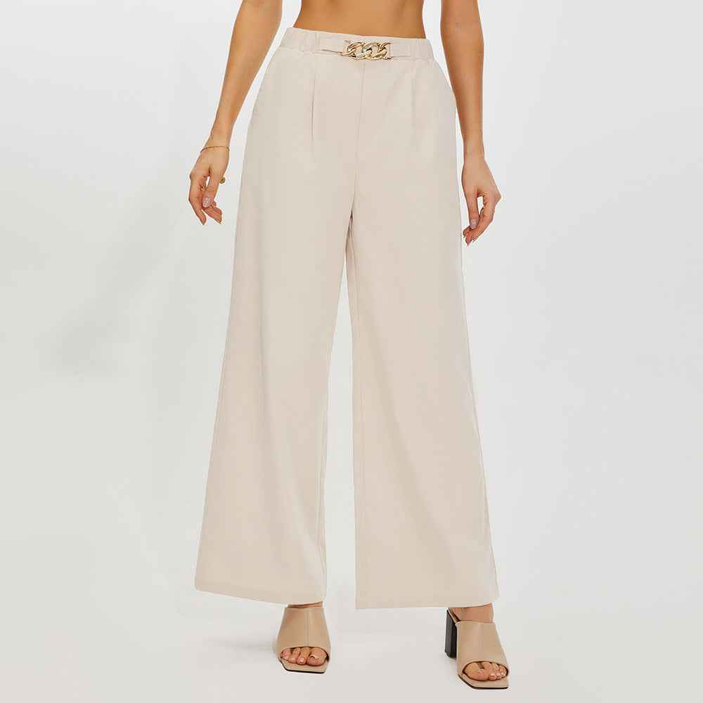 Loose Half Elastic Metal Decorative Solid Color Wide Leg Trousers for Women
