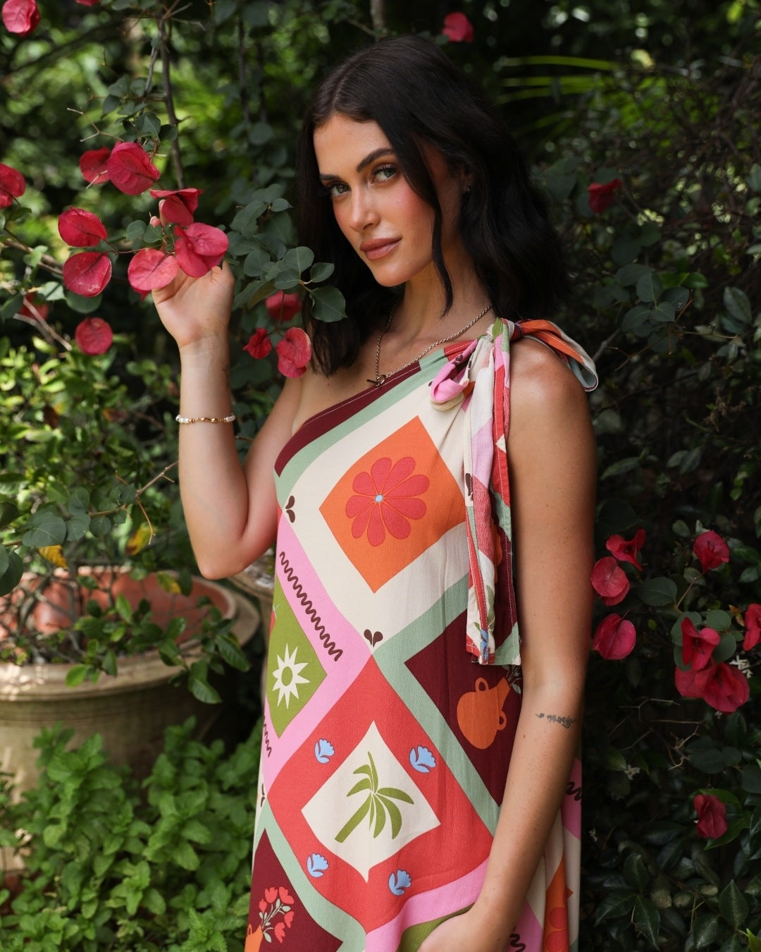 Printed Oblique Shoulder Lace up Elegant French Maxi Dress Ladies Dress - ALZO