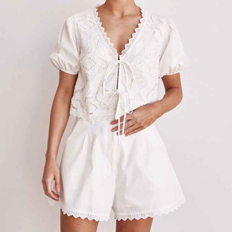 Cotton Hollow Out Cutout out Stitching Women Clothing Spring Summer V neck Short Sleeve Lace up Top Shorts Two Piece Set