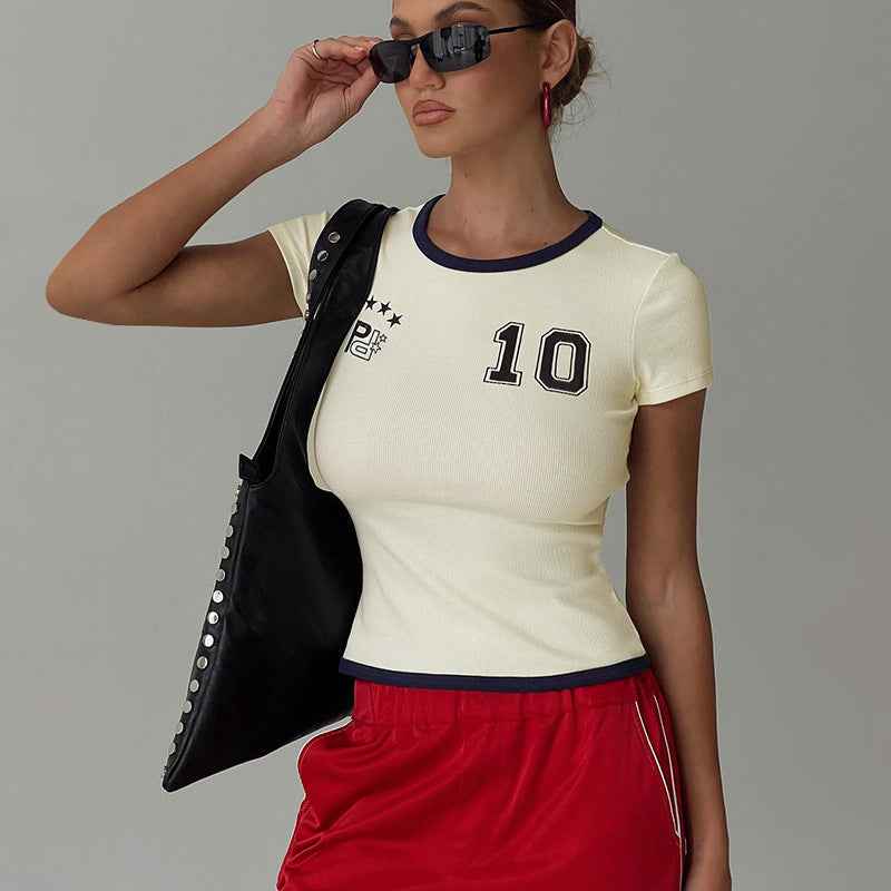 Round Neck Contrast Color Letter Graphic Print Short-Sleeve T shirt Women Summer Street Sexy Top