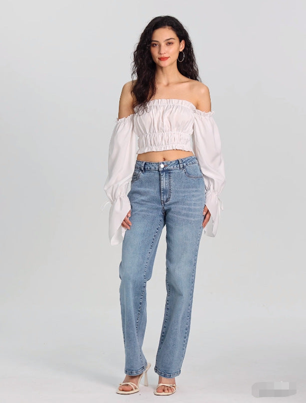 Trendy Micro Elastic Denim Trousers Women Straight Simple High Waist Trousers - ALZO
