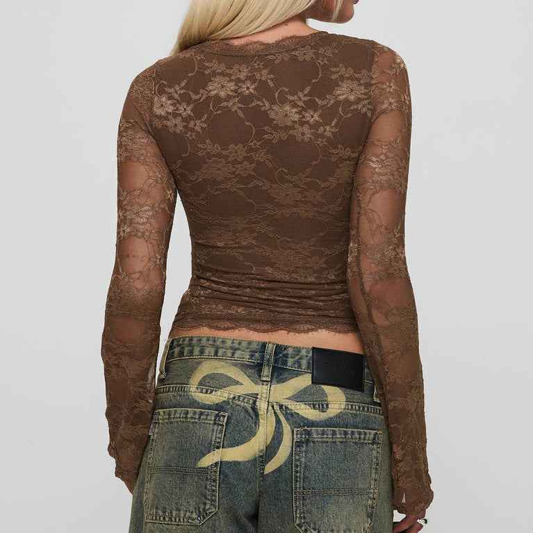 See through Bottoming Shirt Sexy Skinny Short Deep V Plunge Long Sleeve Lace Top