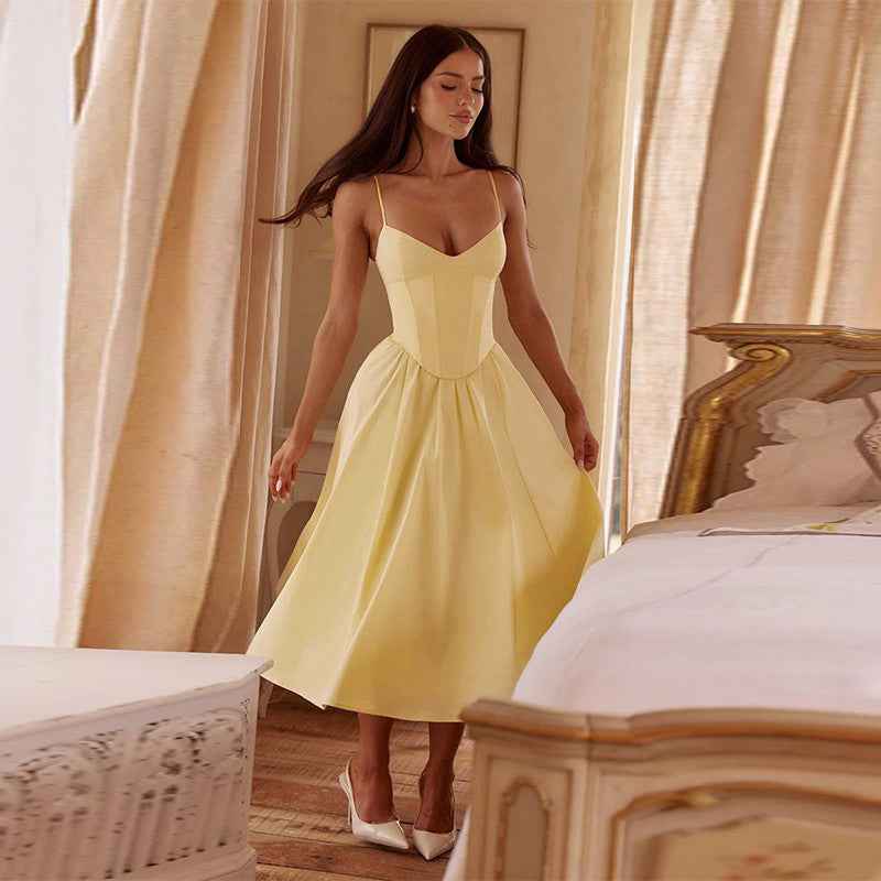Fashionable Waist Strap Dress Spring Slim Fit Solid Color V neck Maxi Dress for Women