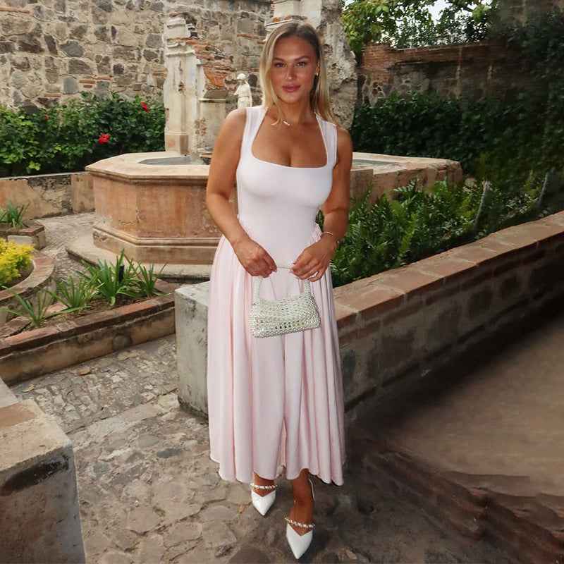 Spring French Pink Strap Dress Elegant Large Swing Dress Square Collar
