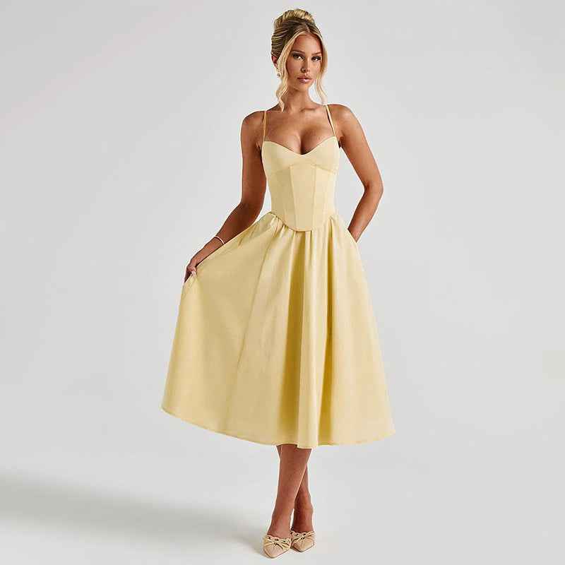 Fashionable Waist Strap Dress Spring Slim Fit Solid Color V neck Maxi Dress for Women