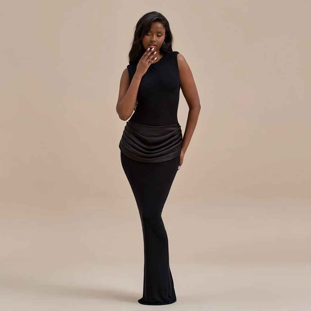 Women Spring Sexy Satin Patchwork Maxi Dress Elegant Slim Sleeveless Pleated Solid Color Dress