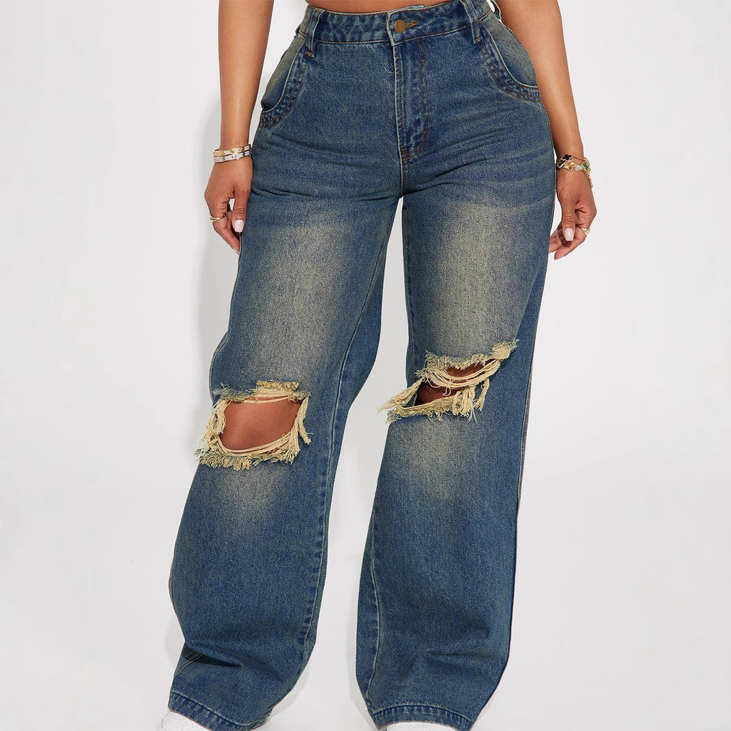 Women Retro Heavy Duty Washed Knee Ripped Wide Leg Denim Trousers - ALZO