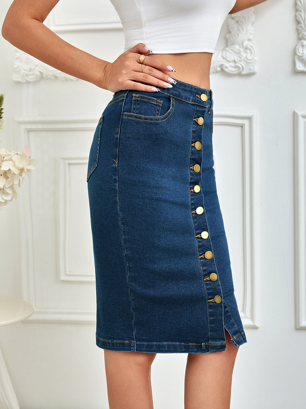 Ladies One Piece Front Row Buttons Multi Buckle Sheath Pencil Skirt Stretch Denim Midi Skirt - ALZO