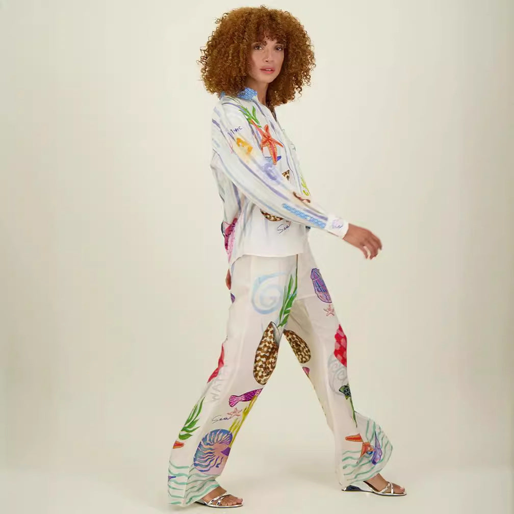 Satin Printed Personalized Graffiti Casual Shirt Trousers Two Piece Suit Amplified craft - ALZO