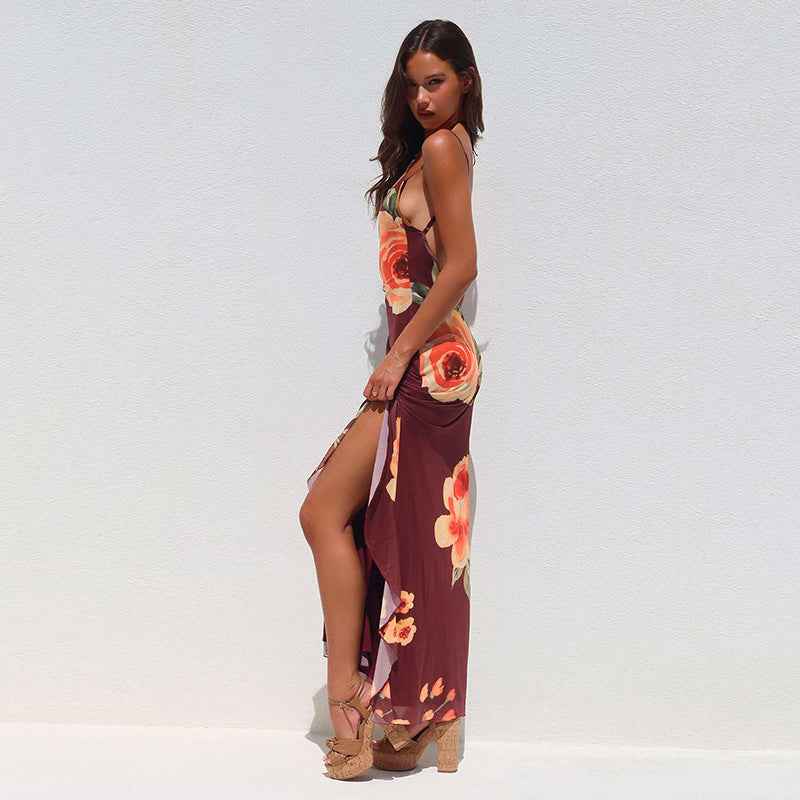 Sexy Long Women Floral Mesh Ribbon Slit Sheath Suspender Dress