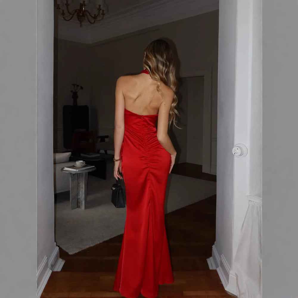 Elegance Sleeveless Halter Slim Fit Backless Satin Fashionable Simple Fishtail Hip Dress
