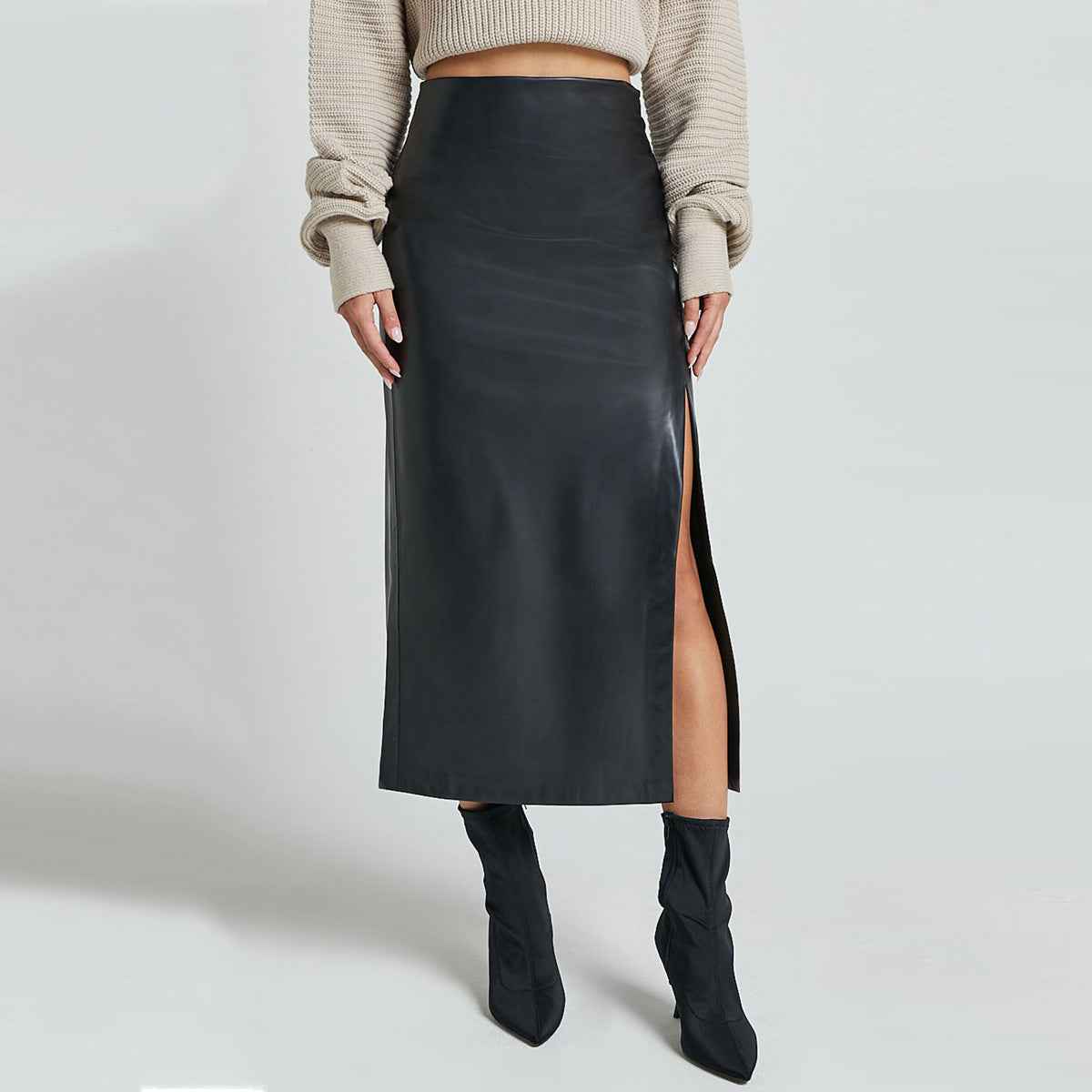 Autumn Winter Faux Leather Split Leather Skirt High Waist Zipper Skirt Slim Sheath Long Skirt Women