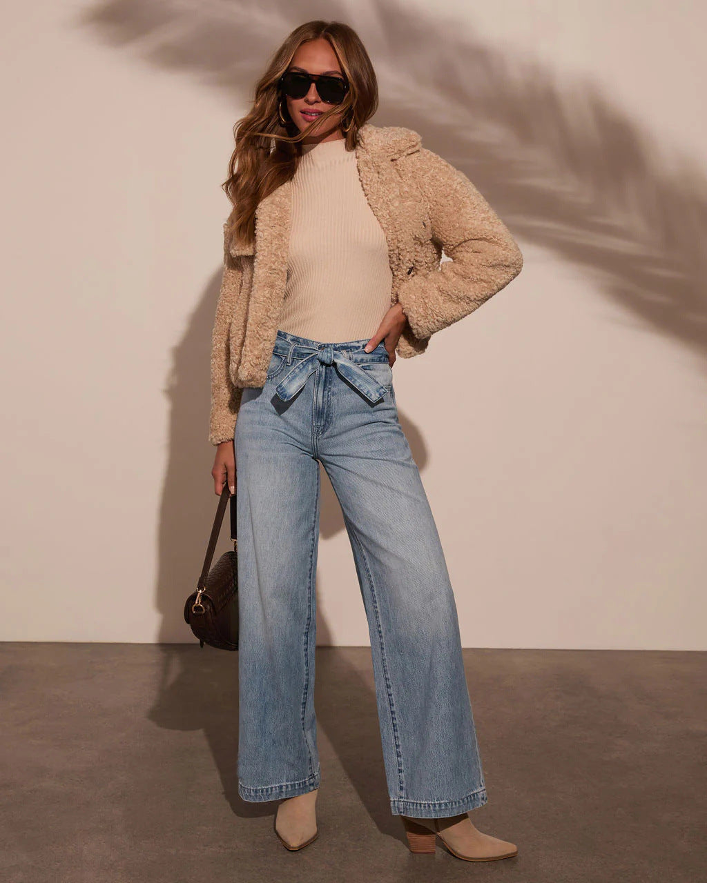 Women High Waist Lace up Washed Straight Wide Leg Jeans - ALZO