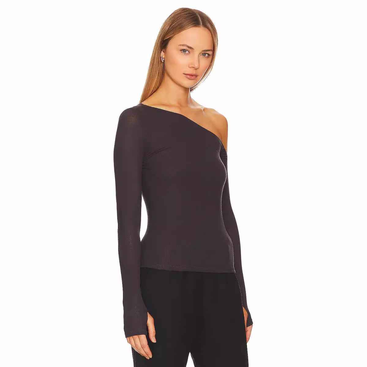 Slant Shoulder T shirt Shein Popular Slim Slimming Thumb Hole Long Sleeve Top Fall Women Clothing