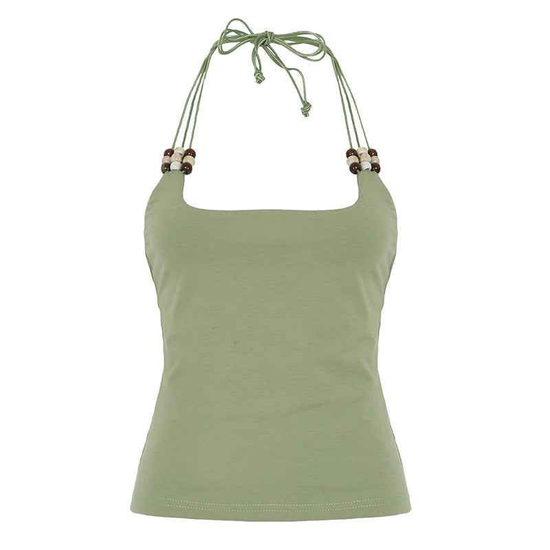 Sexy Retro Beaded Decoration Halterneck Vest Street Sexy Bottoming Backless Top