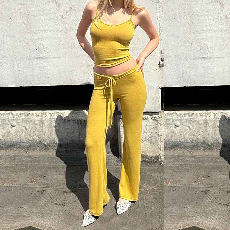 Casual Solid Color Vest High Waist Lace up Trousers Two Piece Set Home Wear Sports Women Clothing