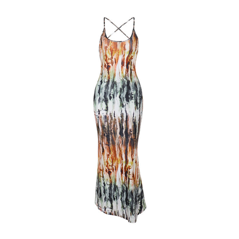 Tie Dye Gradient Sexy Backless Holiday Dress Summer Suspender Maxi Dress - ALZO
