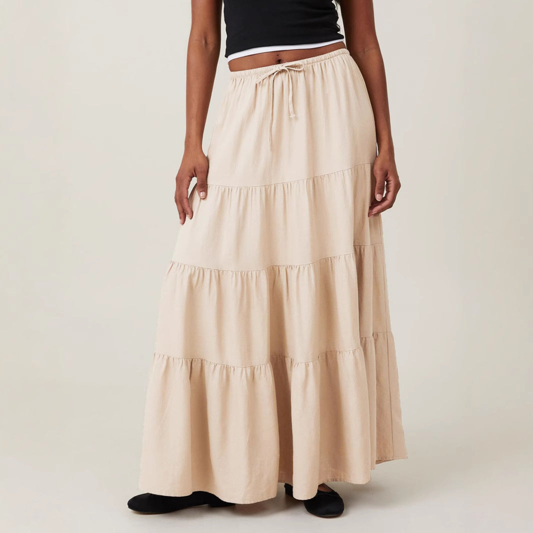 Women Clothing Cotton Skirt High Waist Elastic Lace up Large Swing Skirt Loose Patchwork Maxi Women - ALZO