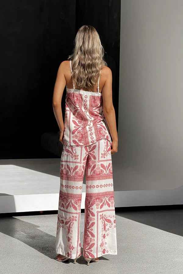 Summer Positioning Printing Loose Casual Sling Top Wide Leg Straight Pants Set