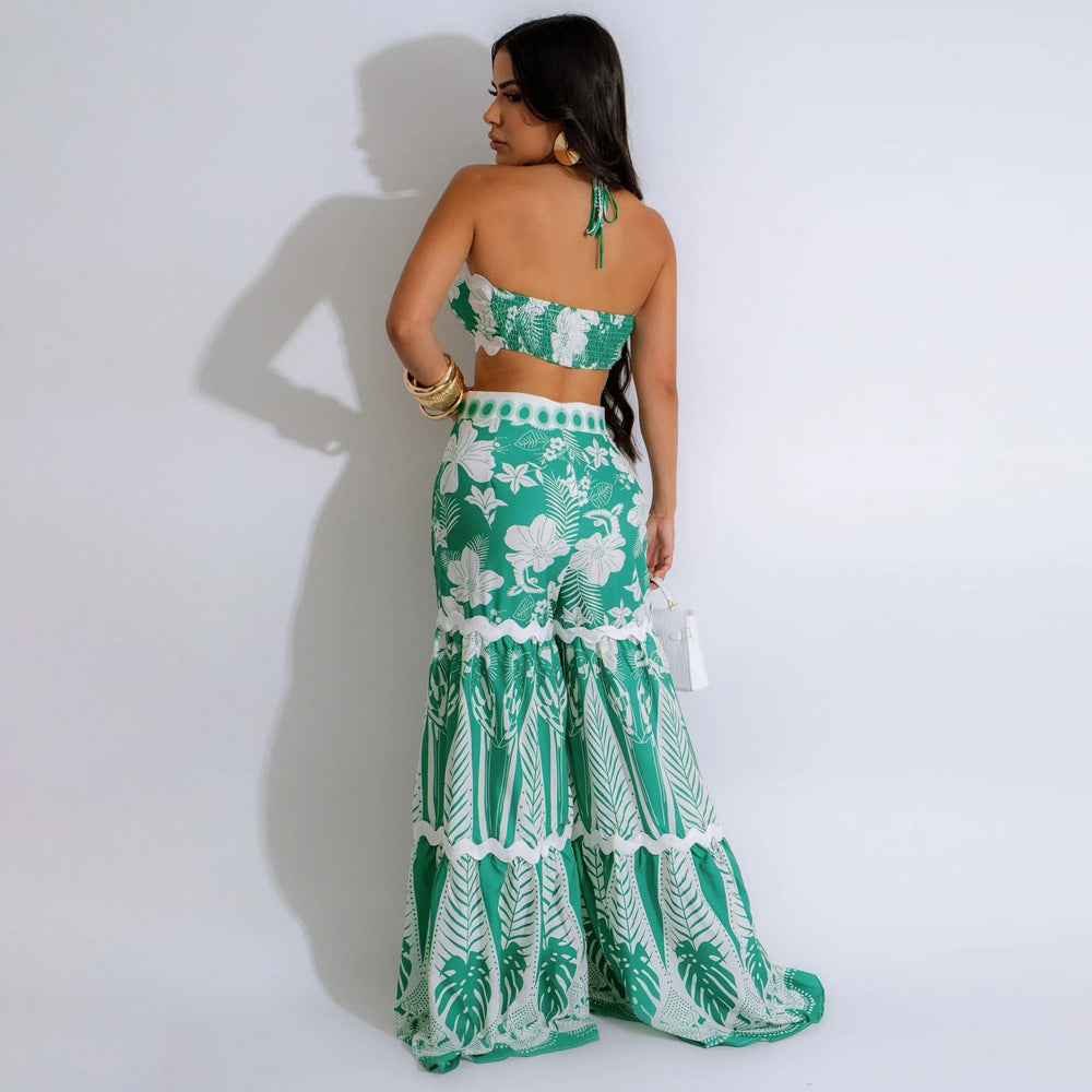 Lace up Tube Top with Loose Wide Leg Pants Two Piece Set