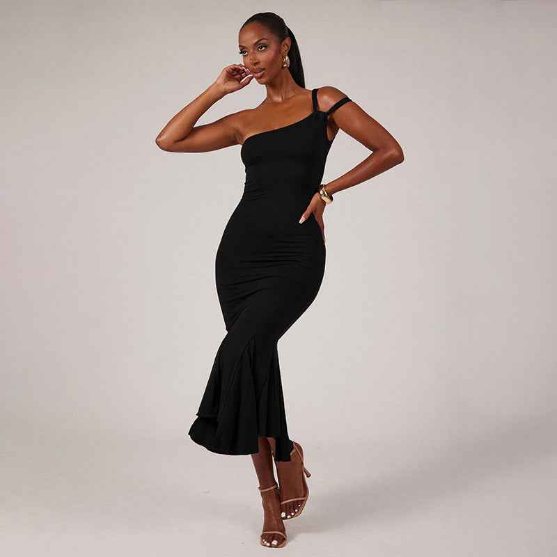 Women Sexy Ladies Dress Solid Color Basic One Shoulder Cut out Ruffled Irregular Asymmetric Tube Top Dress