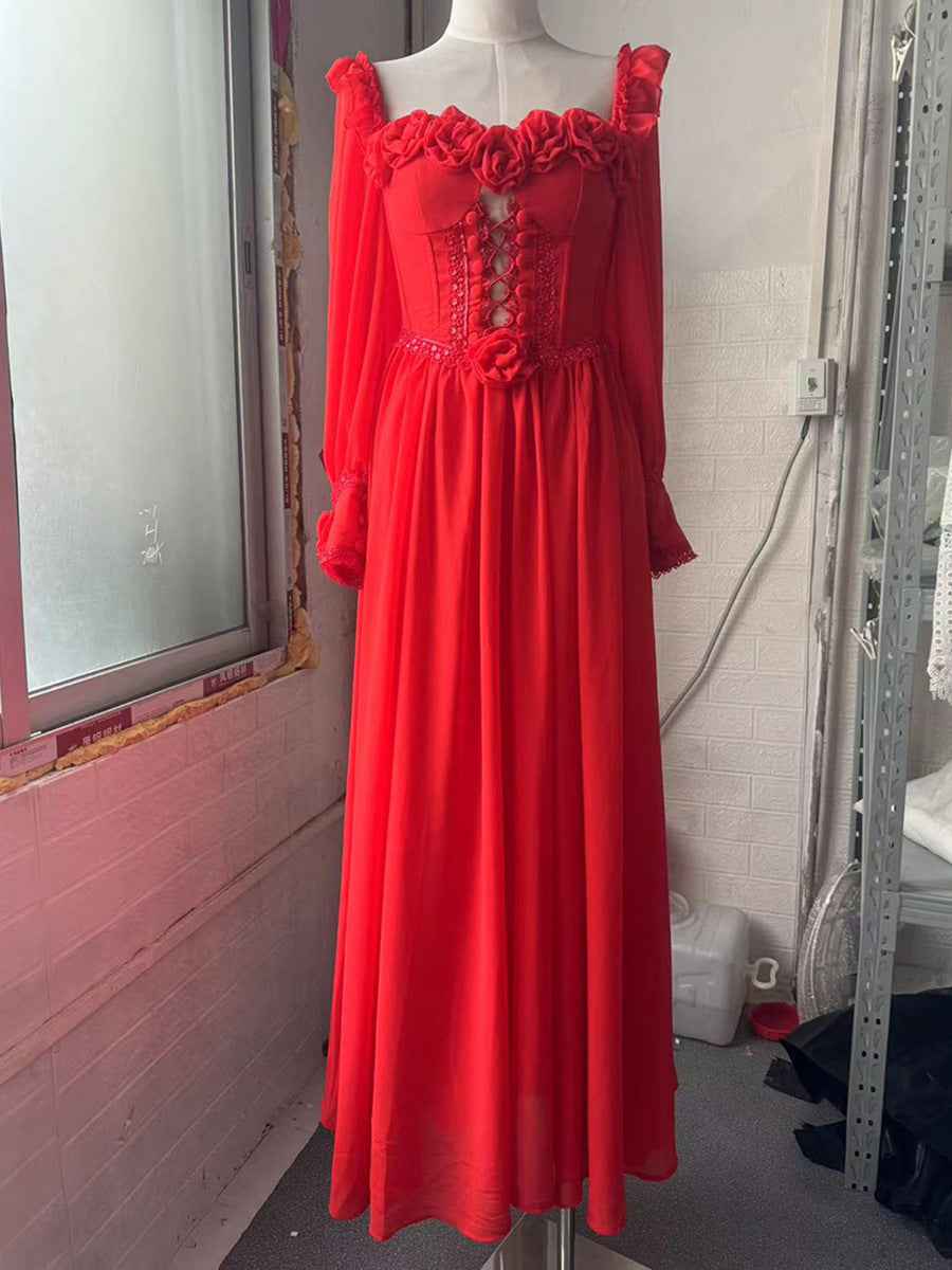 French Elegant Beautiful Dress Autumn Stitching Floral Design High Sense Dress Women