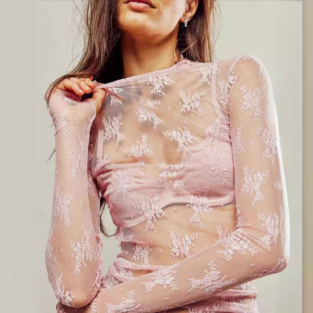 Summer Lace Top Sexy Solid Color Women Clothing Casual Bottoming Long Sleeve Mesh Bottoming Shirt
