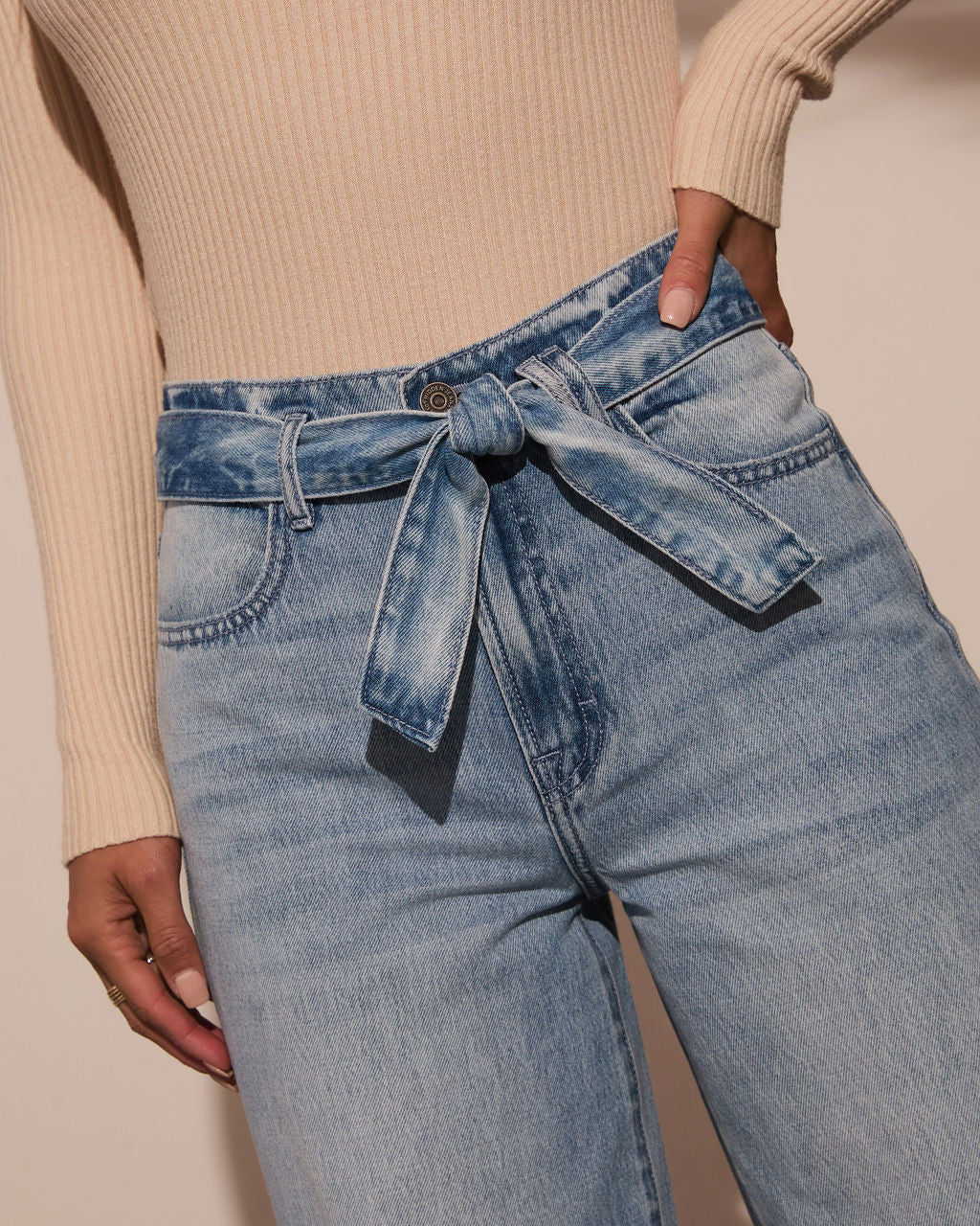 Women High Waist Lace up Washed Straight Wide Leg Jeans - ALZO