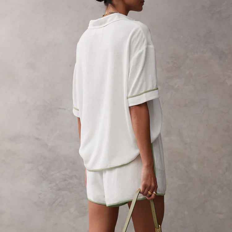 Color Contrast Half Sleeve Shirt Shorts Two Piece Sets Casual Loose Cotton Women