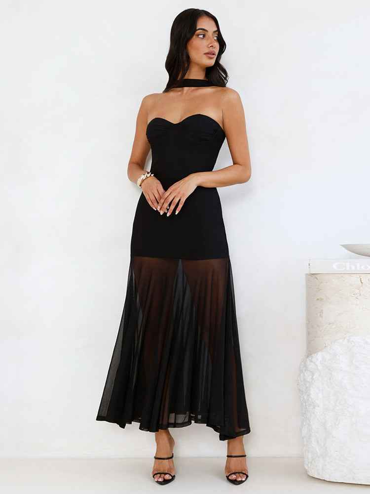 Women Clothing Solid Color Sleeveless Split Mesh Tube Top a Word Maxi Dress
