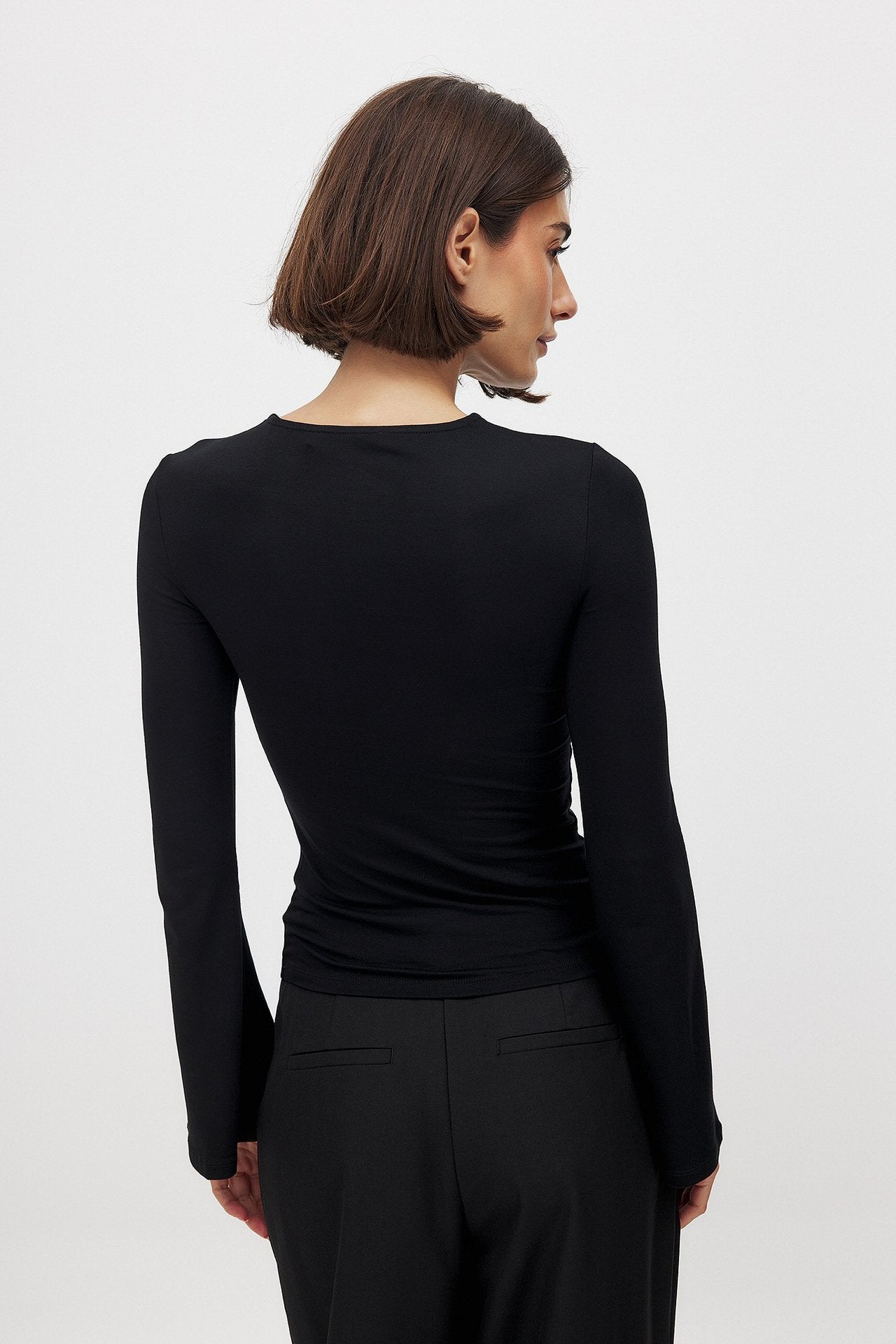 Trendy Double Layer Collar Autumn Winter Hollow Out Cutout Faux Two Piece Slim Fit Slimming Long Sleeves Top Women - ALZO