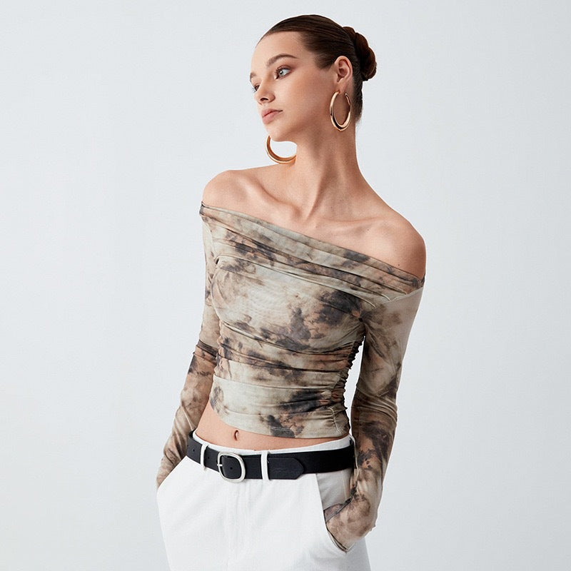 Retro 3D Printed Sexy Off Shoulder Pleated Top Bare Cropped Slim Fit T Shirt Women Spring - ALZO