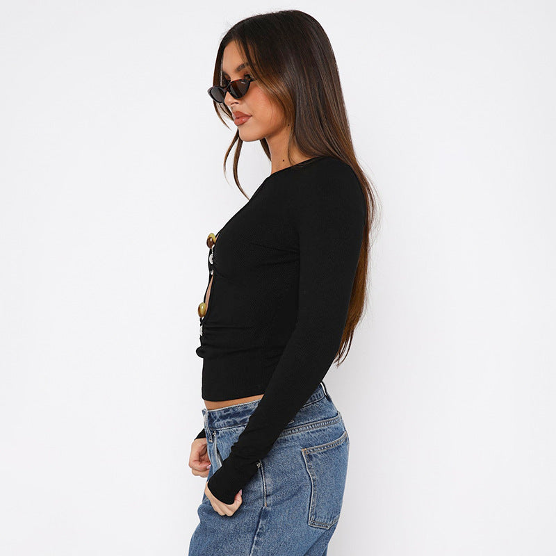 Women Summer Sexy Solid Color Metal Ring Hollow Out Cutout Out Long Sleeve Slim Short Top - ALZO