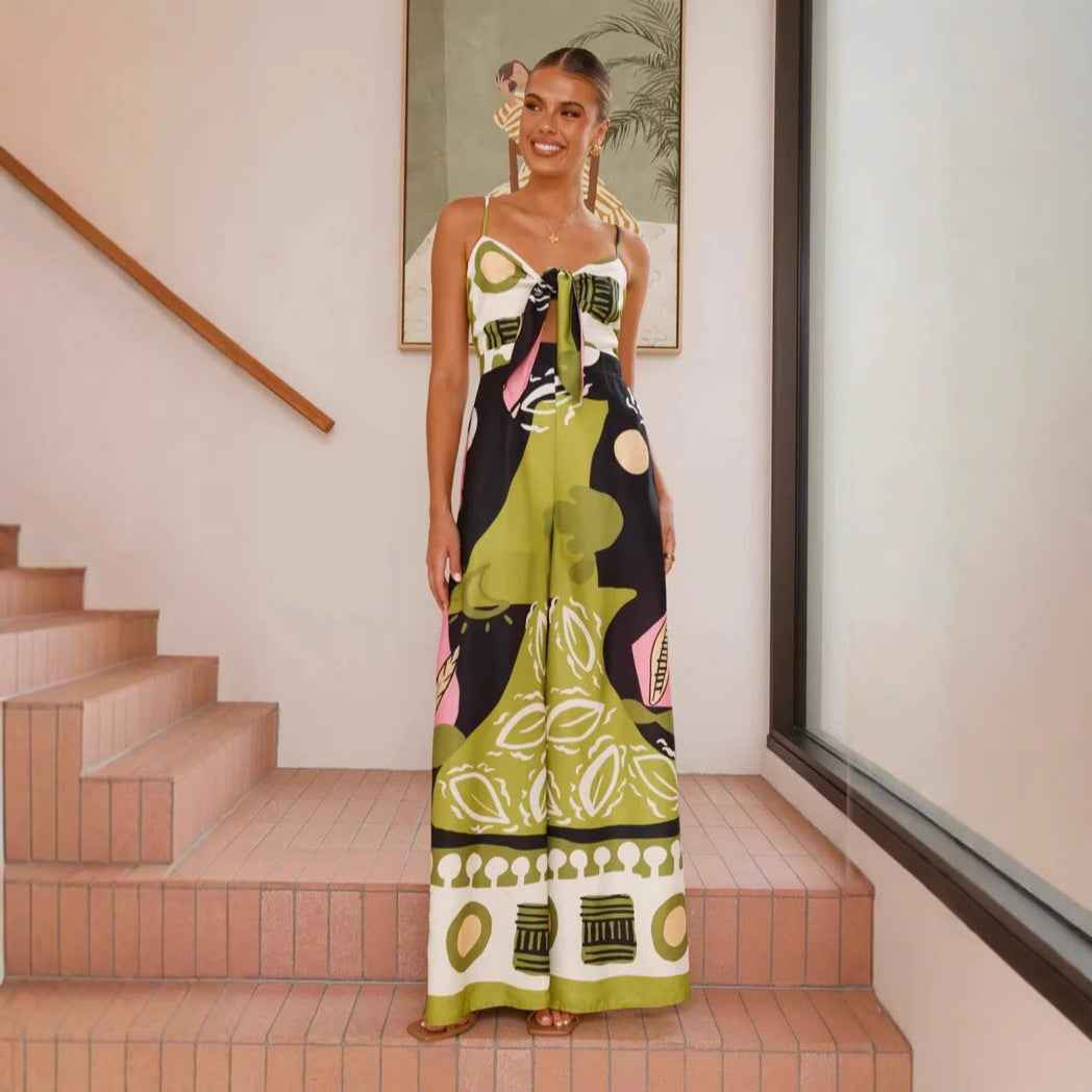 Spring Summer Jumpsuit Sexy Cropped Print Sling Wide Leg Jumpsuit Women