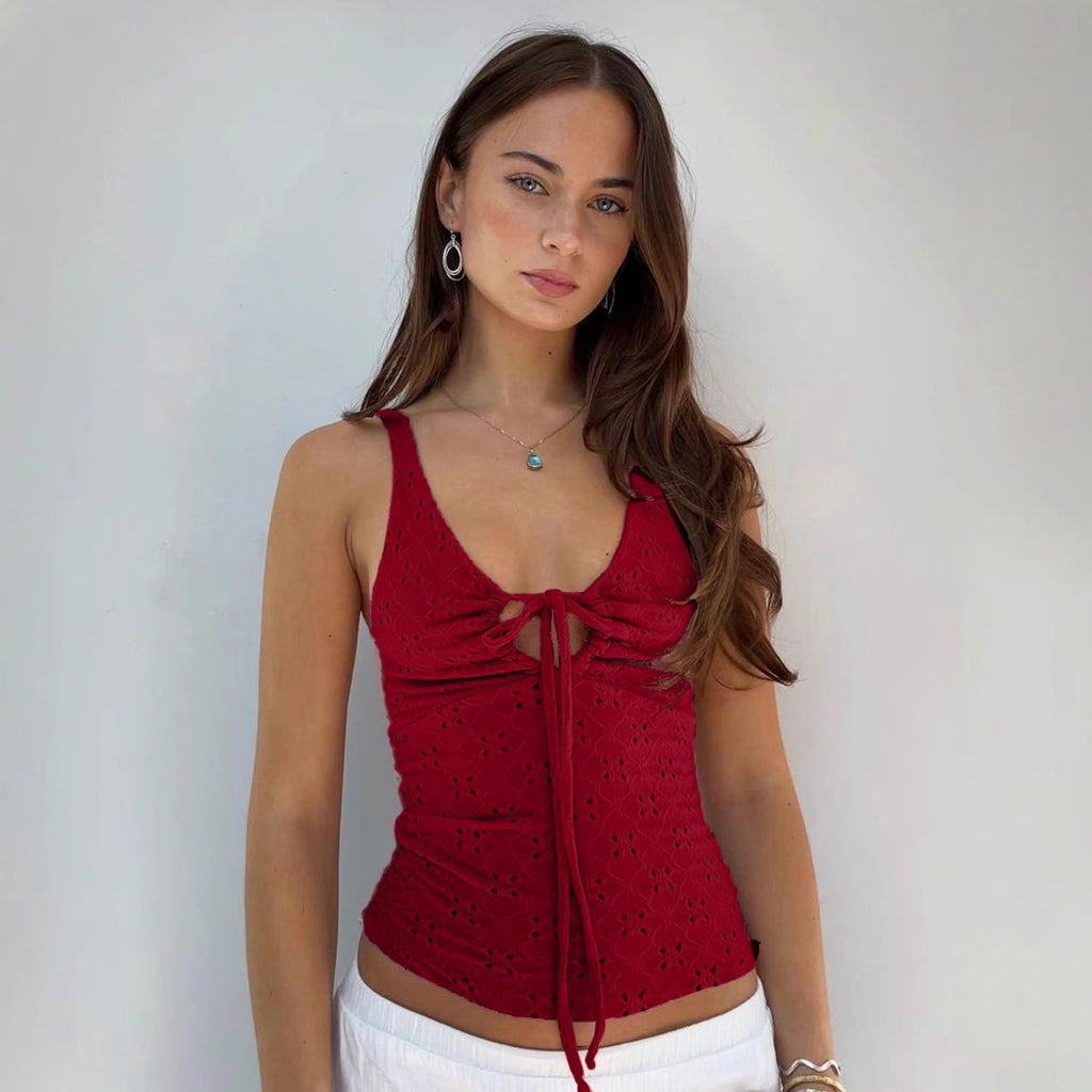 Sexy Little Fresh Hollow Out Cutout out Tied Texture Vest Spring Autumn Outer Wear Vacation V neck Strap - ALZO