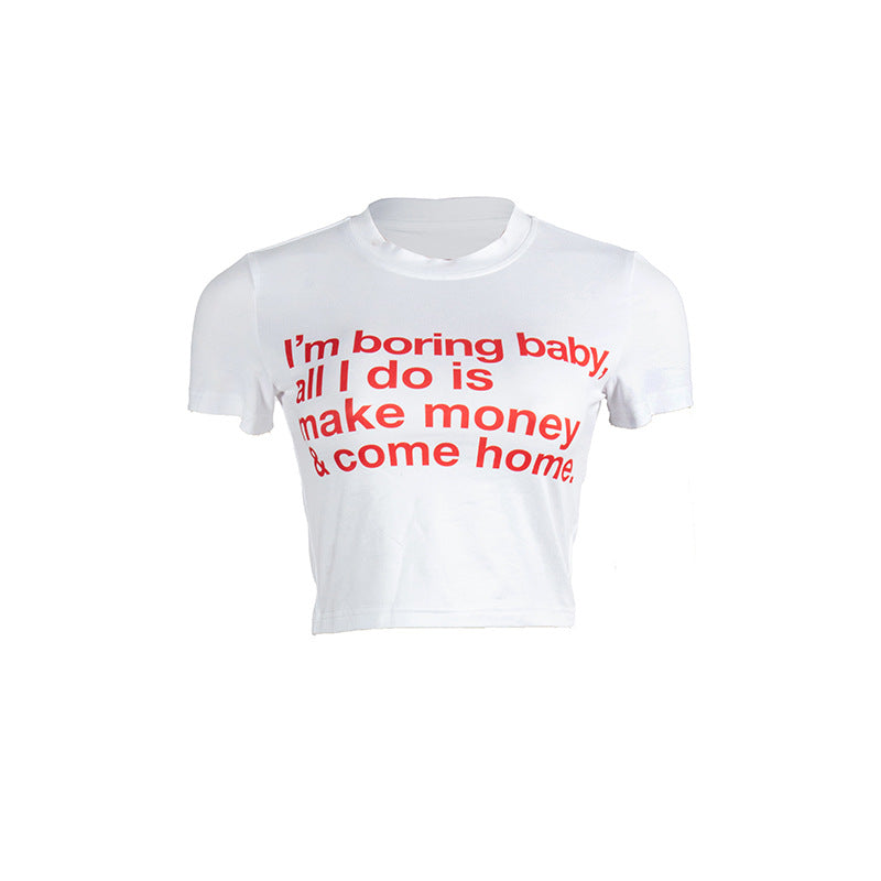 Summer Solid Color Round Neck Short Sleeves Letter Graphic Printed Short Cropped Women T shirt - ALZO