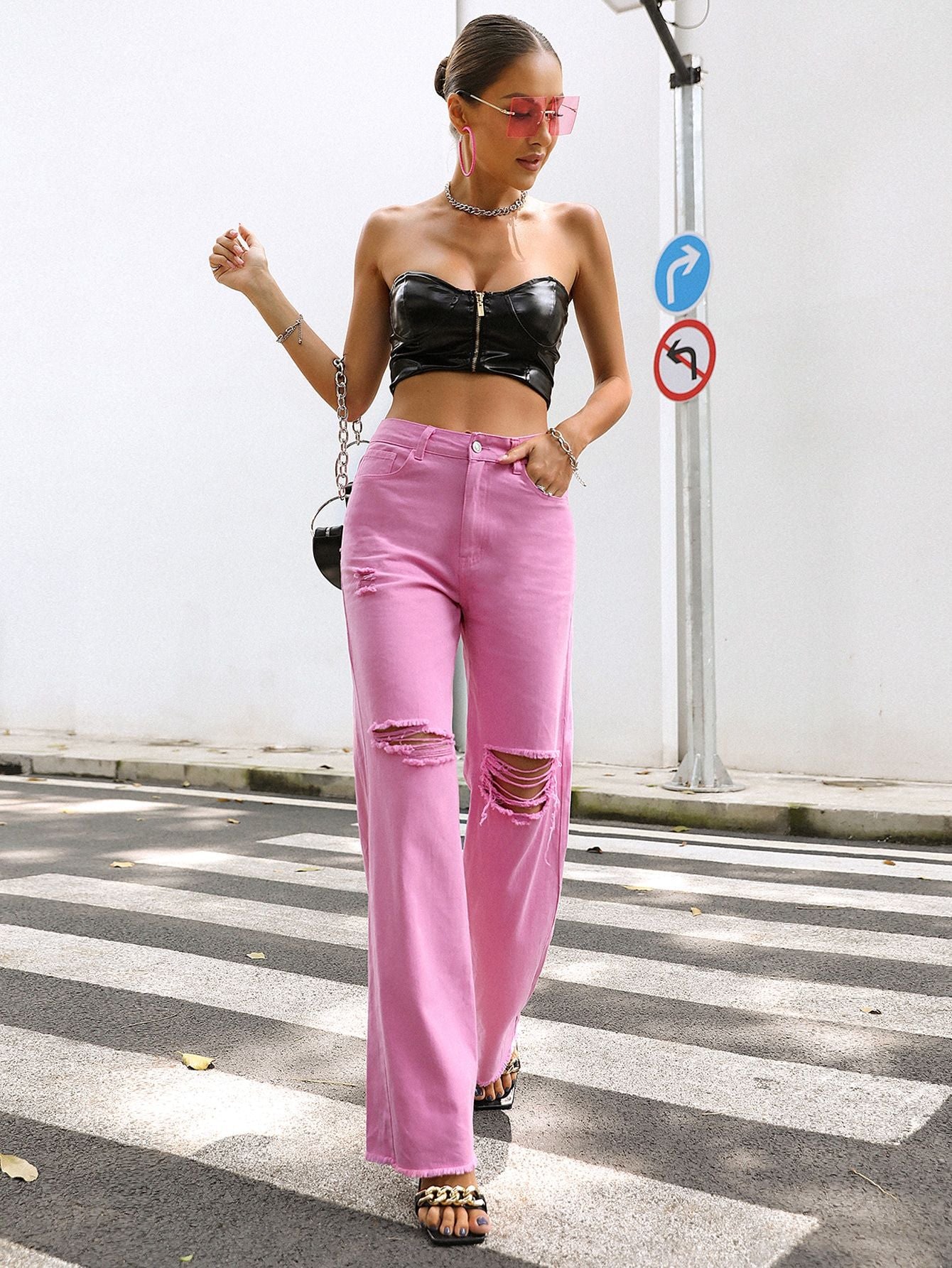 Women Clothing Holes Straight Loose Wide Leg Pants Spring Summer - ALZO