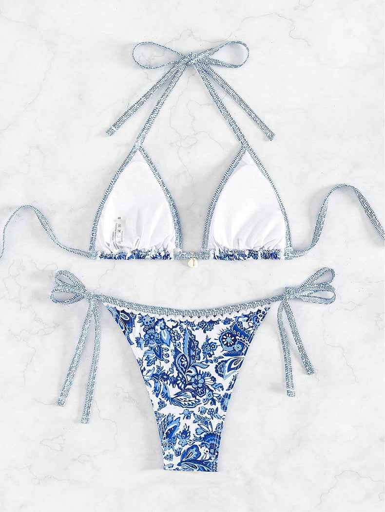 Print Split Blue White Porcelain Bikini Two Piece Sets Women Swimsuit