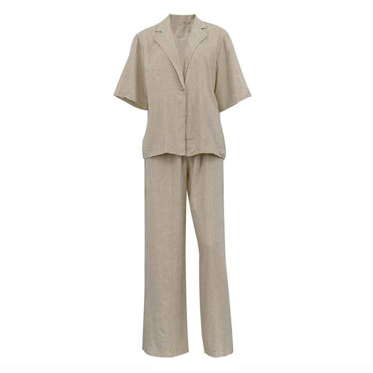 Spring Summer Linen Office Women Collared Half Sleeve Cardigan Top Loose Wide Leg Pants Two Piece Set
