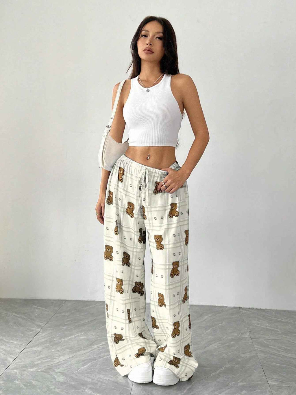Elastic Waist White Narrow High Grade Wide Leg Pants Printed Straight Loose Thin Women Small Casual Pants