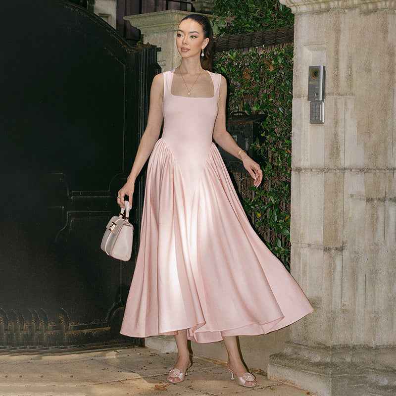 Spring French Pink Strap Dress Elegant Large Swing Dress Square Collar