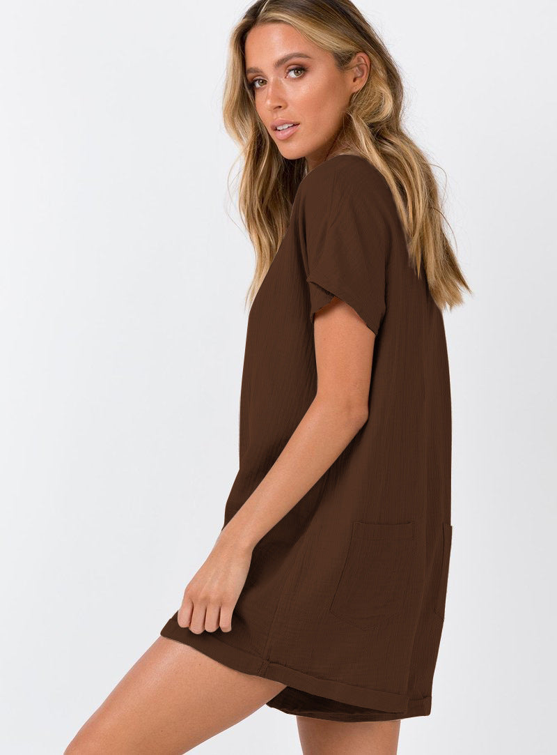 Cotton Linen Breathable Comfortable Loose Button Deep V-neck Sexy Casual Women Romper Romper - ALZO