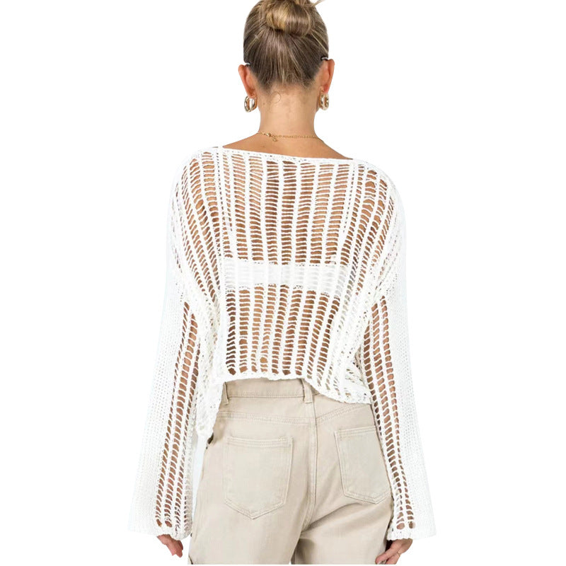 Long Sleeve Hollow Out Cutout Out Knitted Mesh Shirt Women Summer Thin Type Sunscreen Blouse Early Spring Top Outer Wear - ALZO