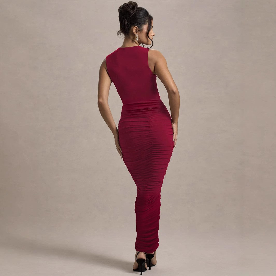 Autumn Winter Women Clothing Elegant Pleated Slim Sleeveless round Neck Sheath Dress - ALZO