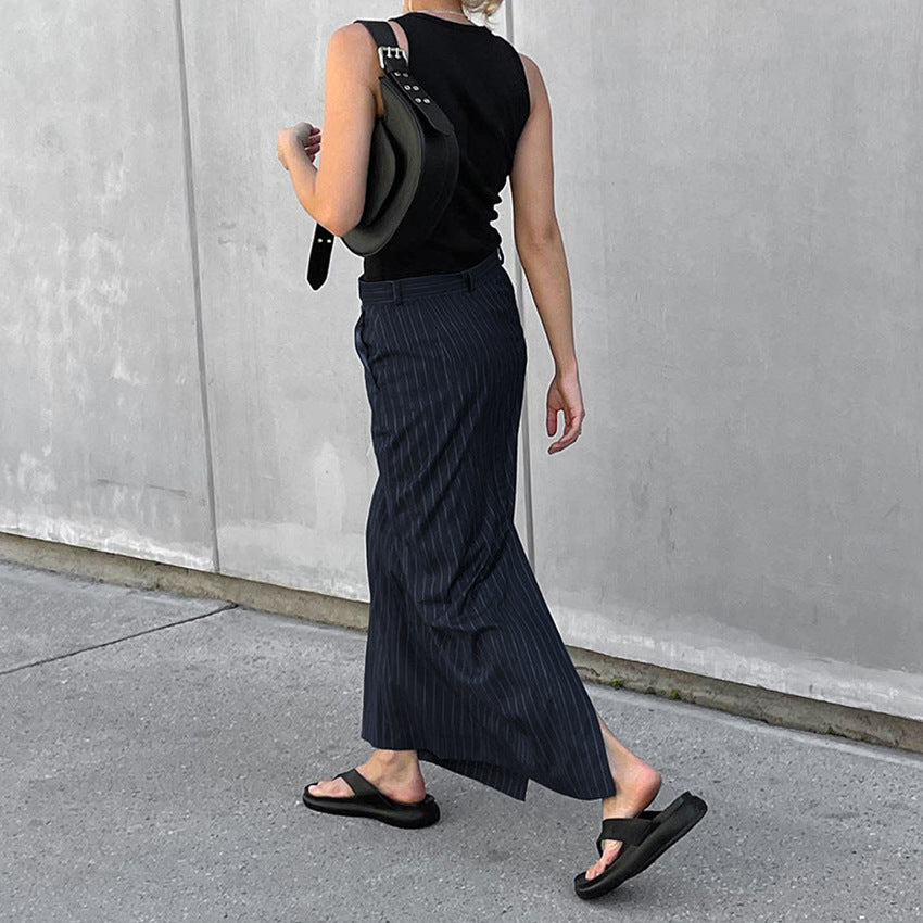 Office Slim Fit High Waist Striped Slit Straight Skirt Autumn Women Clothing - ALZO
